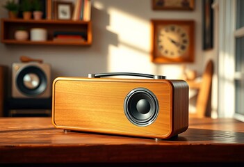 Vintage wooden Bluetooth speaker, retro design, warm tones,  audio,  texture