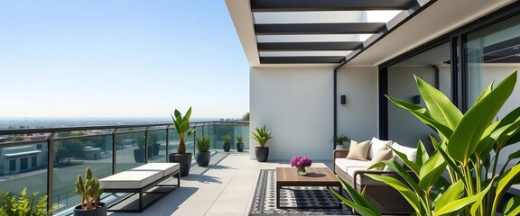 Minimalist terrace, contemporary design, sleek furniture, potted plants, clean lines, geometric patterns,   texture,   stone