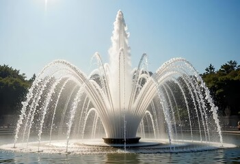 large water fountain spraying in pool under bright sunny sky