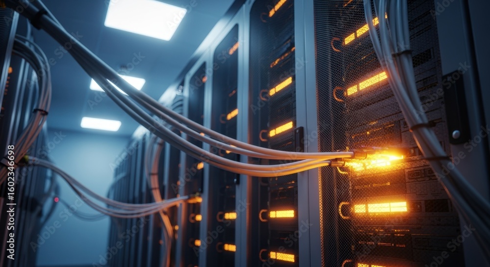 Poster highcapacity data processing room highlighting radiant server units and swift cable networks.