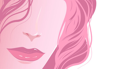Illustration of a beautiful woman's face with pink hair on a pink background.