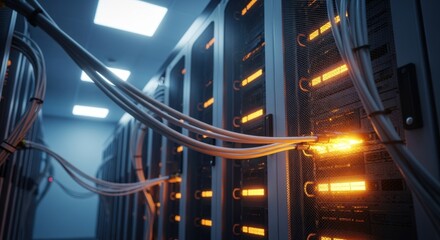 Highcapacity data processing room highlighting radiant server units and swift cable networks.