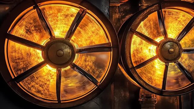 Illuminated Industrial Wheels: A Glowing Steampunk Masterpiece