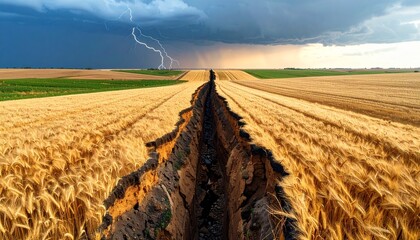 A dramatic landscape showing a massive fissure splitting a golden wheat field under an ominous, stormy sky with lightning.