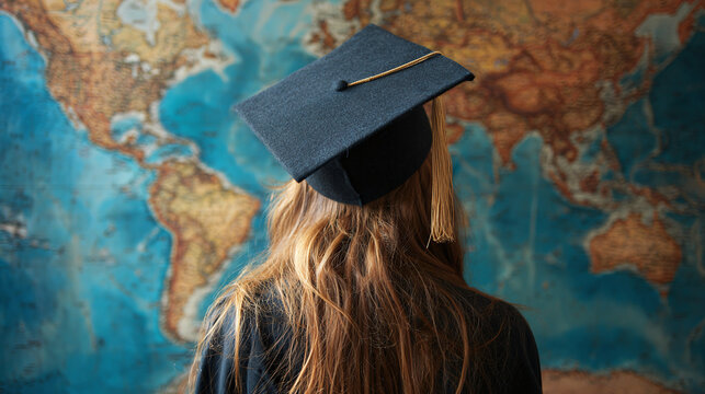 Graduation cap and gown against a map backdrop, symbolizing global education, future ambitions, and worldwide opportunities for graduates.