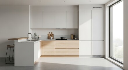 Fototapeta premium Minimalist kitchen interior with natural light and modern design elements for home decor