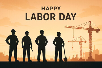 Stylized Labor Day banner with silhouettes of workers and cranes set against a warm sunrise sky. Modern flat illustration celebrating labor and construction themes.
