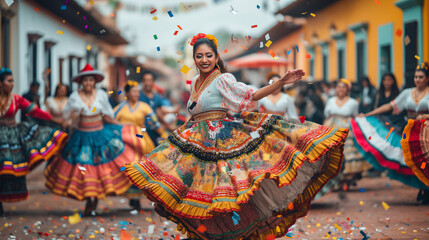 Fototapeta premium Joyful Latin American Woman Dancing in Colorful Traditional Dress, Festive Street Parade, Confetti Celebration