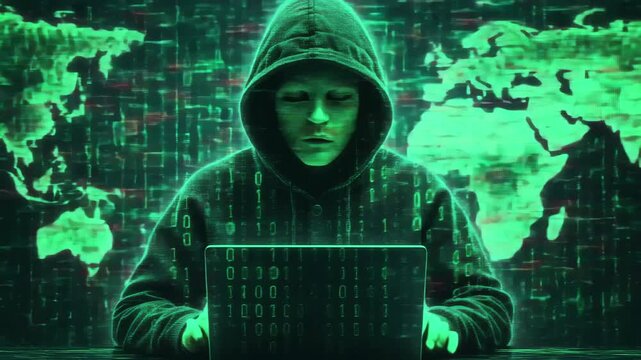 A hooded figure with a blank face sits in front of a laptop. Green binary code and a world map are displayed in the background, representing cybercrime and hacking.