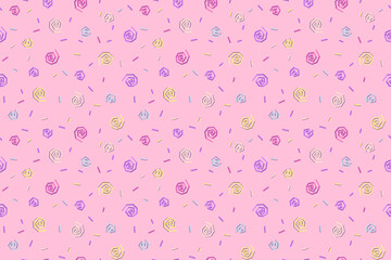 Seamless cute memphis pattern on pink background for print, backdrops, wrapping paper.