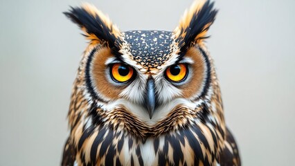 Obraz premium A close up shot of an owl with vibrant orange eyes and detailed feathers looking directly at the camera