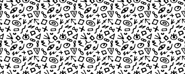 Trendy youth seamless pattern, doodle abstract shapes. Black and white vector figures