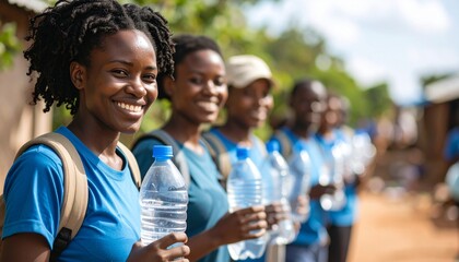 Group of cheerful African volunteers in blue shirts distributing bottled water during a community outreach event.