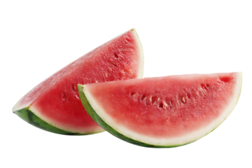 Two juicy watermelon slices isolated on clear transparent PNG background — high‑resolution cutout ideal for summer fruit menu graphics, lemonade packaging, healthy snack blog visuals