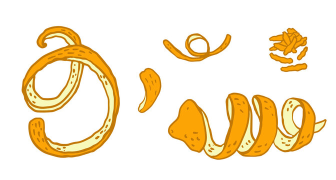Set of lemon zest cut in different ways. Hand drawn outline vector illustration ribbon of zest with bends and curves, cut into small stripes,  Menu design, bar cards