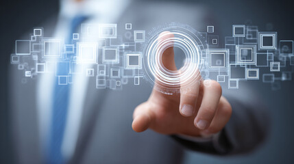 Interactive technology interface: Man's hand touches a glowing, futuristic interface, symbolizing innovation, digital interaction, and technological advancement.