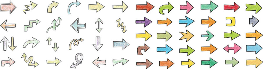 Doodle arrows set. Hand-drawn directions, sketch elements. Navigation, vector icons.