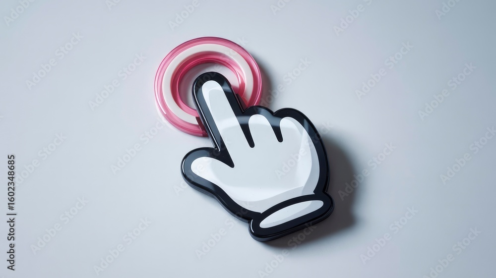 Poster 3d cursor hand clicking pink button - digital interaction concept