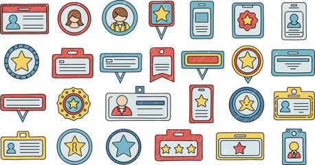 Variety of badges and labels depicted. Identification, recognition, accreditation, quality, credentials, authorization, certification, achievement, qualification, approval.