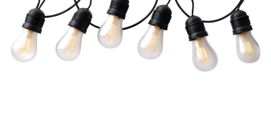 String of light bulbs hanging from the top corner isolated on a transparent background