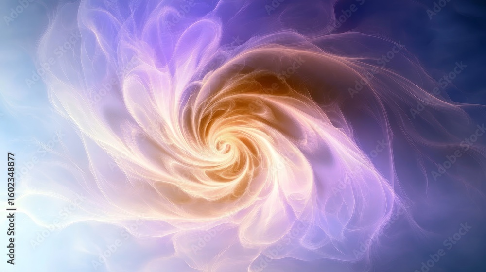 Poster abstract ethereal flow with swirling forms and organic patterns in purples and golds, creating depth