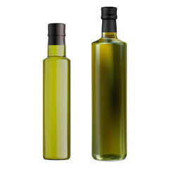 Olive oil green bottle mockup, healthy nourishment culinary. Vertical transparent blank of aromatic vegetarian oil container, health antioxidant seasoning, pure superfood aromatic essence