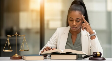 Woman in white blazer reading book with scales of justice and gavel legal