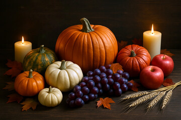 Elegant Thanksgiving still life with pumpkins, fruits, candles, and autumn foliage arranged on a dark rustic background. Rich seasonal atmosphere for festive designs.