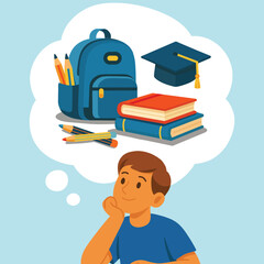 Flat vector illustration of a boy imagining school items like books, backpack, pencils, and a graduation cap, symbolizing dreams about learning, studying, and academic success.