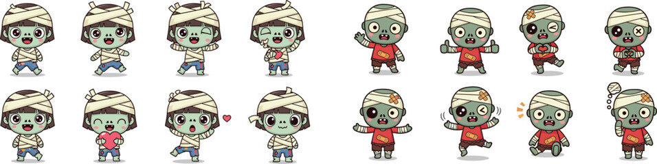 Fototapeta premium Cute cartoon mummy characters in various poses. Halloween, spooky, kawaii, adorable, undead, monster, design, fantasy, magical