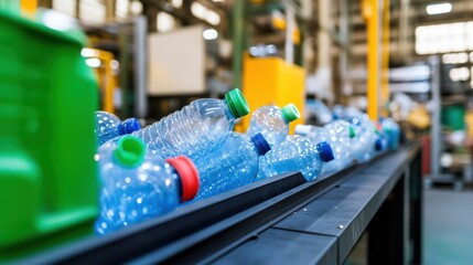 Eco-machinery on factory floor turning plastic bottles into durable goods, zero emissions visible