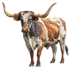 Texas Longhorn cattle with curved horns and  full body profile and rustic texture and  realistic ranch style and  isolated white background Batch  realistic clean bright simple modern stock image isol