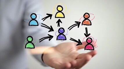 Hand Presenting Multicolored Organizational Network Flow Chart with Arrows and Figures for Corporate Business Management and Team Communication - Powered by Adobe