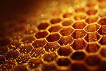 Honeycomb pattern with unharvested nectar Dark gold backdrop of honeycombs Macro shot Ornamental background