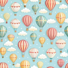 "Seamless hot air balloon pattern on baby blue sky, kids room aesthetic"

