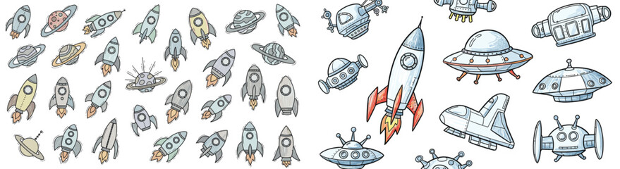 Fototapeta premium Hand drawn space themed illustrations of rockets, planets and ufos. Space, galaxy, exploration, science, cartoon, design, fun, fantasy, future, sky
