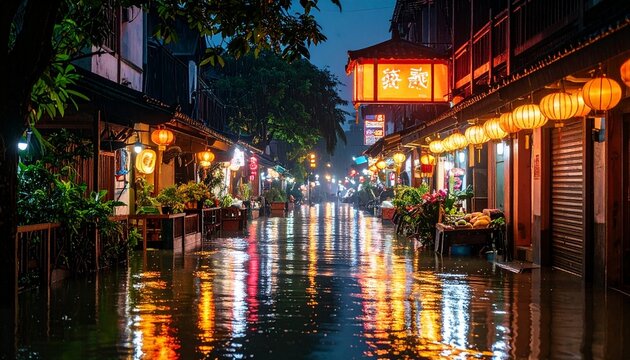 Vibrant night scene on a rainy street in an ancient Asian town with glowing red lanterns and reflections on the wet pavement.