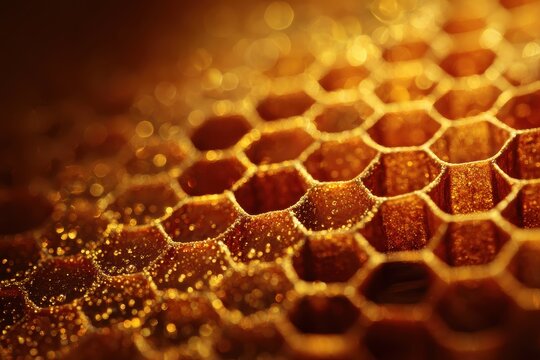 Honeycomb pattern with unharvested nectar Dark gold backdrop of honeycombs Macro shot Ornamental background