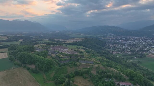 Aerial view of Fort Barraux above the Isere valley in France, star shaped fortress with bastions, demi lunes, casamate, lunettes, commanding the road