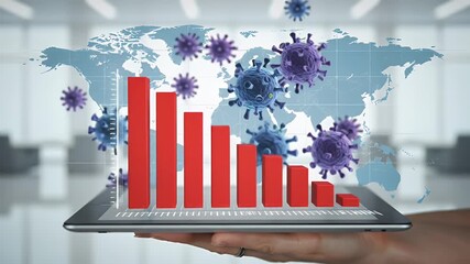Global Economic Downturn Red Graph on Tablet with Virus Cells and World Map in Business Office Setting - Powered by Adobe