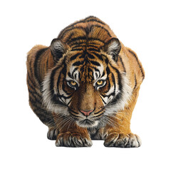 Fototapeta premium Tiger crouching with intent to hunt and head low and eyes locked forward and realistic fur detail and isolated white background Batch realistic clean bright simple modern stock image isolated on p