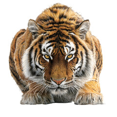 Fototapeta premium Tiger crouching with intent to hunt and head low and eyes locked forward and realistic fur detail and isolated white background Batch realistic clean bright simple modern stock image isolated on p