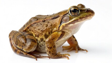 Fototapeta premium A vibrant common frog, or Rana temporaria, captured in a pristine studio setting against a bright white background. Its rich brown and green mottled skin, prominent eyes