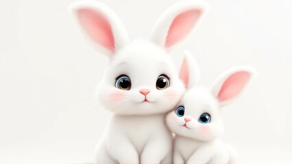 Two adorable white bunnies with big eyes and pink ears on a plain white background image art