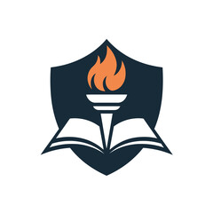 Shield with open book and flaming torch symbolizing education and knowledge