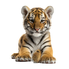Obraz premium Tiger cub sitting playfully with big paws and round face and adorable baby animal theme and isolated white background Batch realistic clean bright simple modern stock image isolated on plain backgr