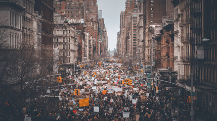 Massive city demonstration. A large crowd fills a wide avenue between tall buildings, holding signs and gathering to protest or advocate for change.