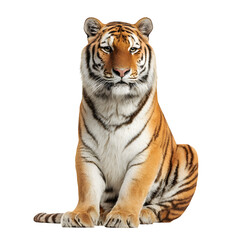 Tiger sitting calmly with bright orange fur and soft facial expression and  isolated white background Batch  realistic clean bright simple modern stock image isolated on plain background for web and p