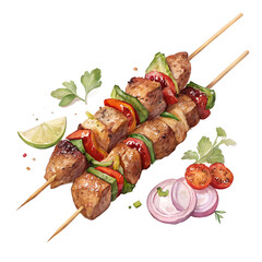 Watercolor Illustration of Grilled Meat Skewers with Vegetables and Fresh Herbs isolated on transparent background