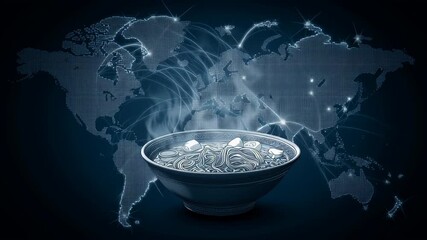 Collage pop art illustration of Digital bowl ramen with circuitry overlaid on a world map design. - Powered by Adobe